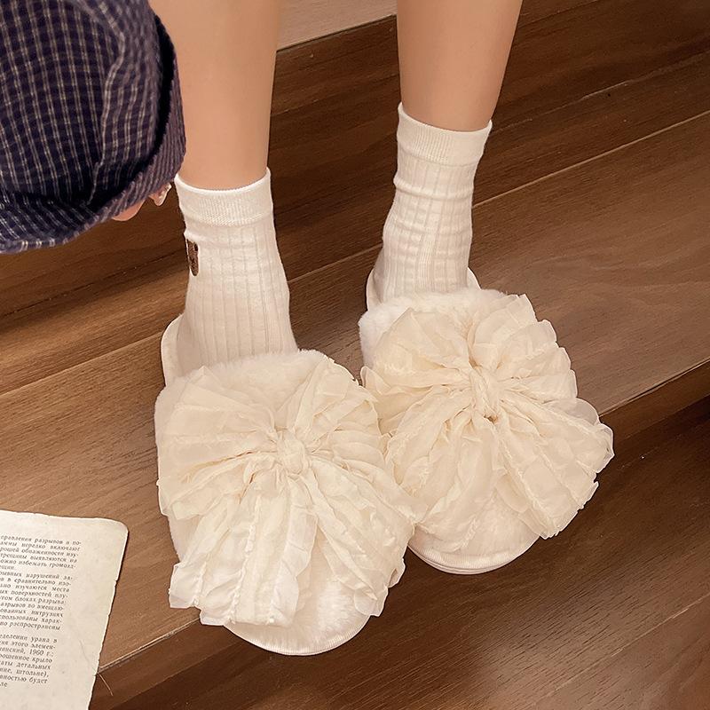 

Autumn and winter new cotton slippers women s sweet big bow home bag head one pedal fluffy shoes 42-43 белый