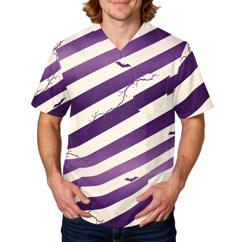 Men's Halloween Print Medical Scrub Top V Neck Pocket Design Comfortable Fit Daily Workwear for Healthcare Professionals