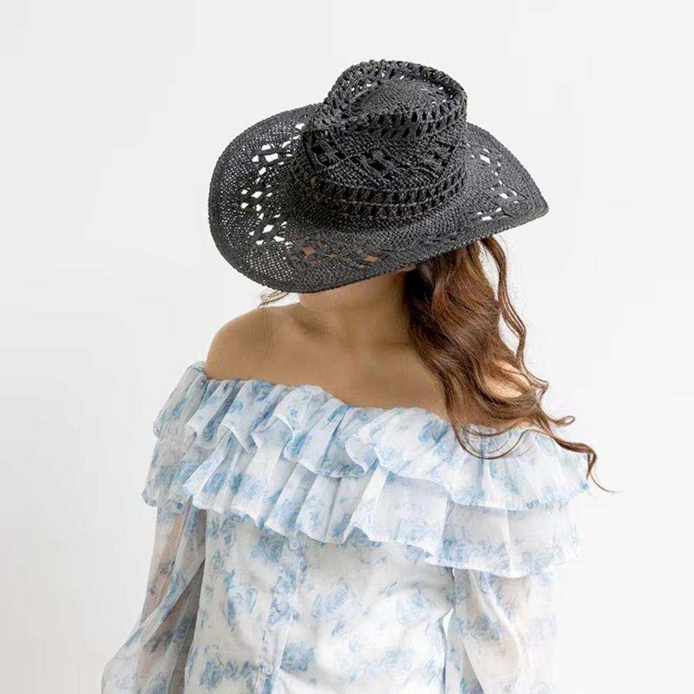 Wide Brim Western Cowboy Cap Curled Sun Hat Vintage Hollow Straw Hat  Daily
