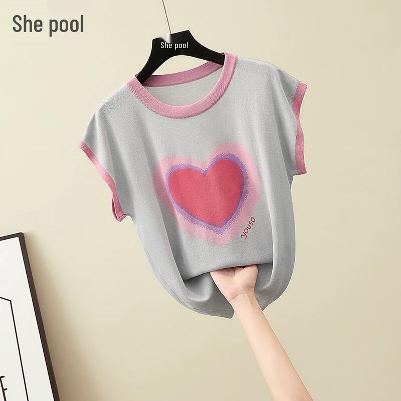 Shechi Women s Summer Heart Print Short Sleeve Knit Top OS