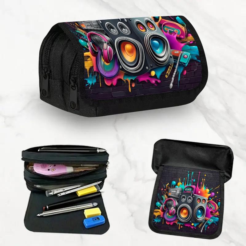 One Colorful Graffiti-Style Double-Layer Pencil Case with a Large Capacity And Zipper Closure, Perfect for School, Work, And Travel. A Great Gift for