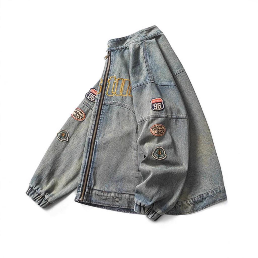 Men's Washed Grey Stand Collar Denim Jacket - Spring Retro Trend with Zipper and Embroidery, American Harrington Style.