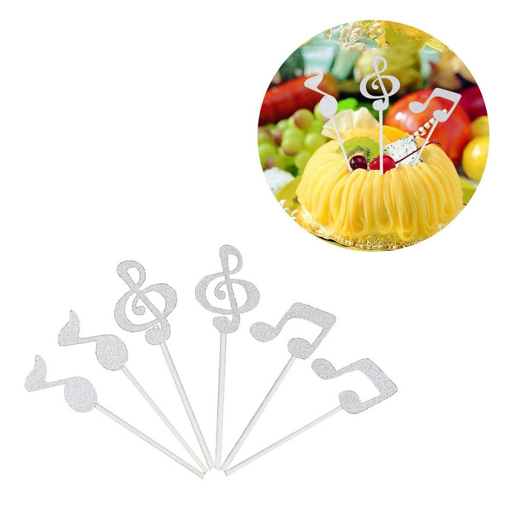 6Pcs Glitter Music Note Cake Toppers Cupcake Decorations For Birthday Wedding Party Dessert Decoration Shiny Silver