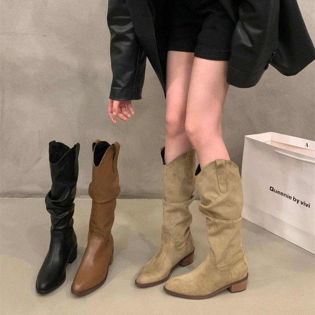 2025 Women's V-Mouth Slouchy Over-the-Knee Chunky Heel Boots for Autumn/Winter