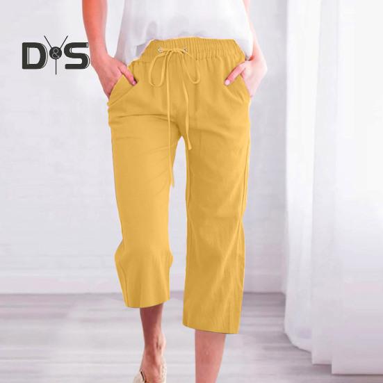 Women Cropped Pants Mid-rise Elastic Waist Adjustable Drawstring Casual Pants with Pockets Loose Fit Summer Pants