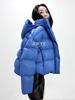 Piumino da Donna Blu con Maniche a Palloncino e Cappuccio - Spesso, Soffice, Corto, Design a Guscio di Tartaruga con Piuma d'Anatra Bianca per l'Inverno.