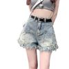Women's High-Waist Frayed Denim Shorts - Spicy Style, Plus Size, A-Line Fit