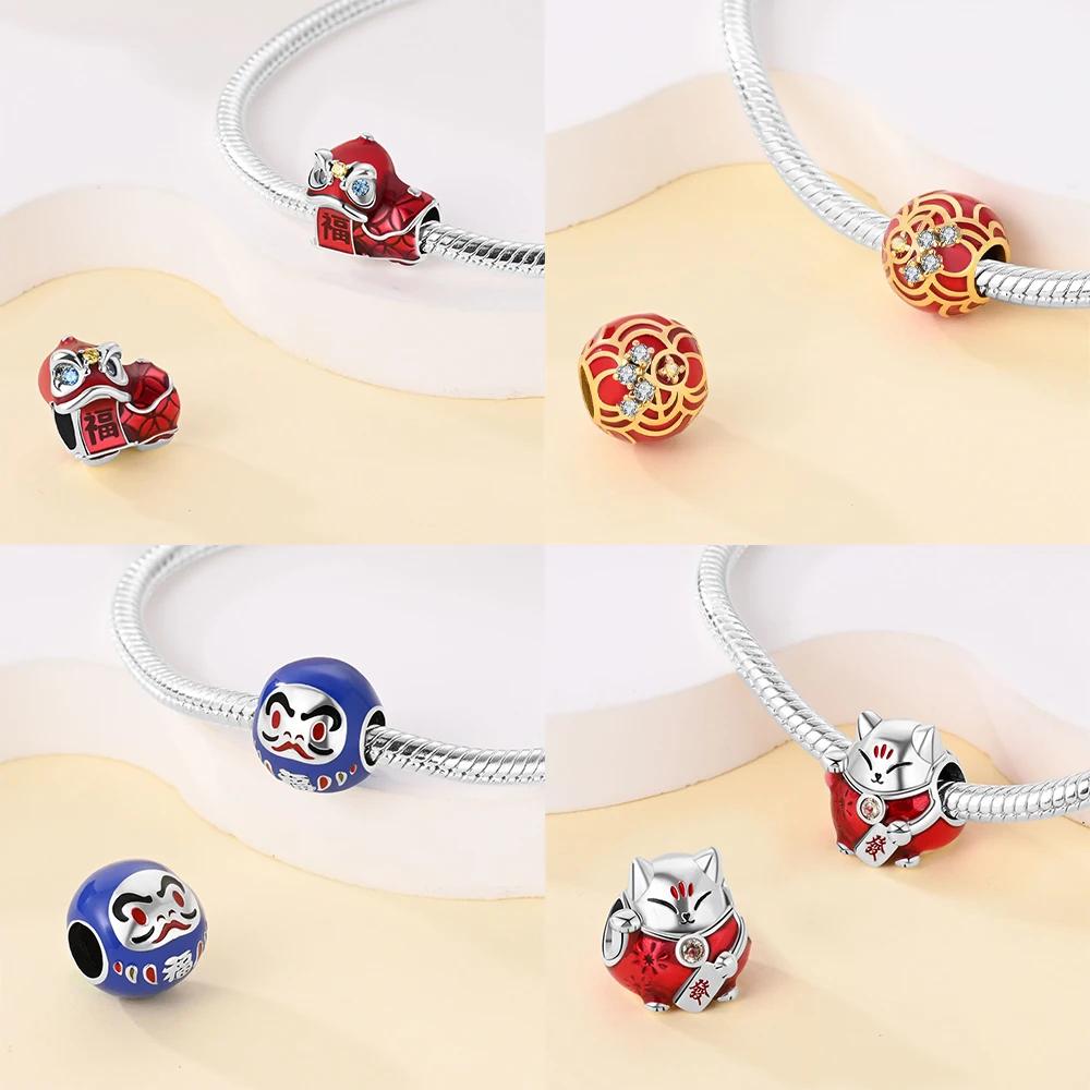 Authentic Copper Color God of Wealth Lucky Cat Lantern Lion Dance Charm Bead Charms Bead Charms Compatible With Bracelets Do It Yourself New Years Je