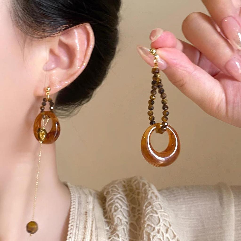 Vintage Ethnic Silver Needle Diamond Inlaid Round Flower Acrylic Resin Stud Earrings for Women