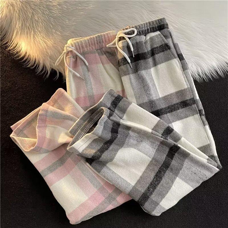 Women's Pink Plaid Woolen Wide-Leg Pants: Thick, Straight, 2024 Style, Slim-Fit.
