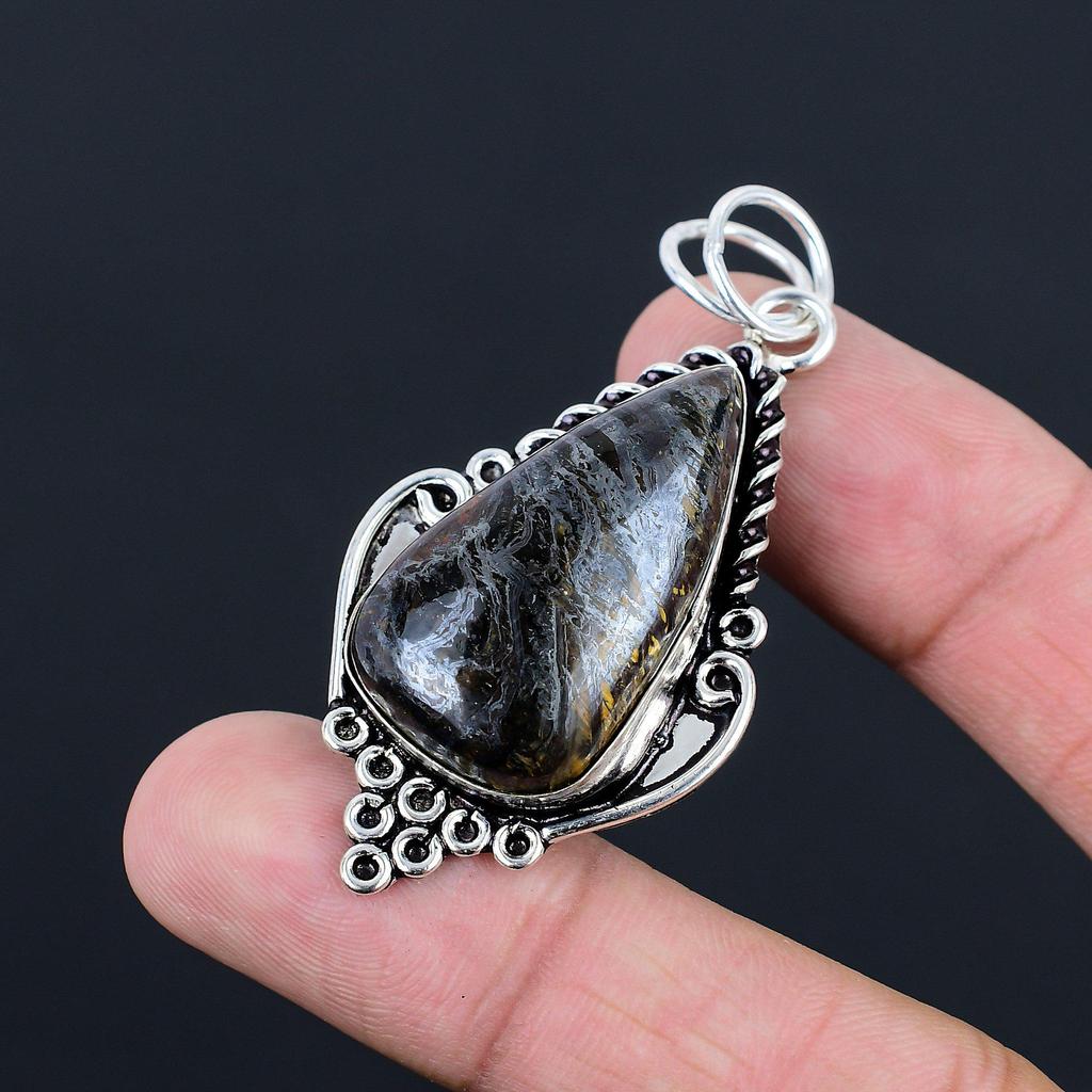 925 Silver Pear Natural Iron Tiger Eye Engagement Daughter Artisan Bezel Pendant