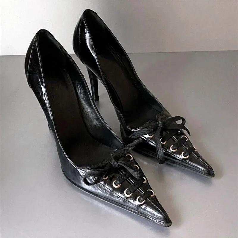 Sexy Pointed Toe Thin High Heel Women Pumps Lace Up Bow Design Black Leather High Heels Punk Style Fashion Elegant Woman Heels 39 6900₽