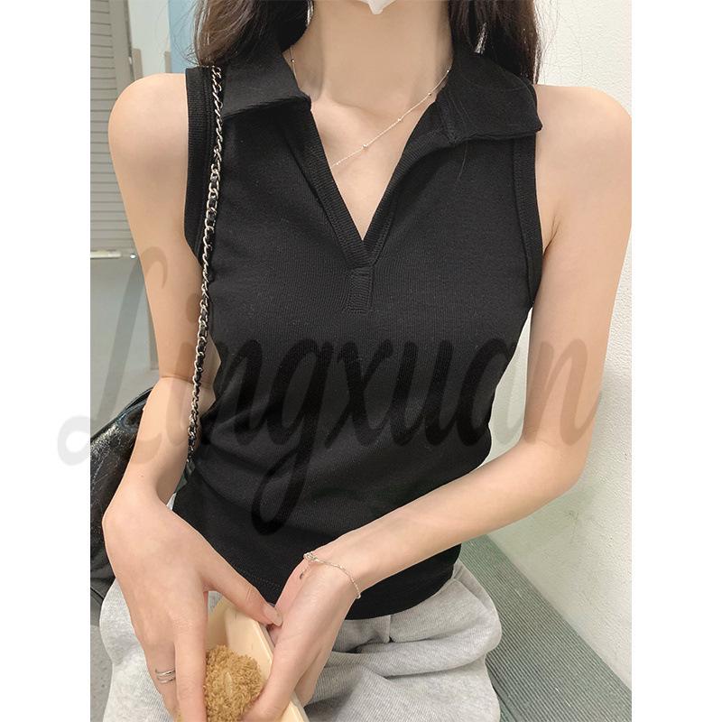 Retro Hong Kong Style V-Neck Polo Vest - Women's Slim Sleeveless Summer Top