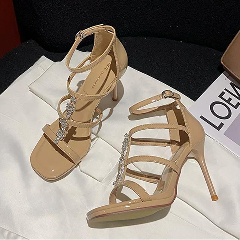 2025 Summer New French Fairy Style Sandals Female Open-toed Rhinestone One-word Buckle Strap Thick Heel Temperament High Heels Female