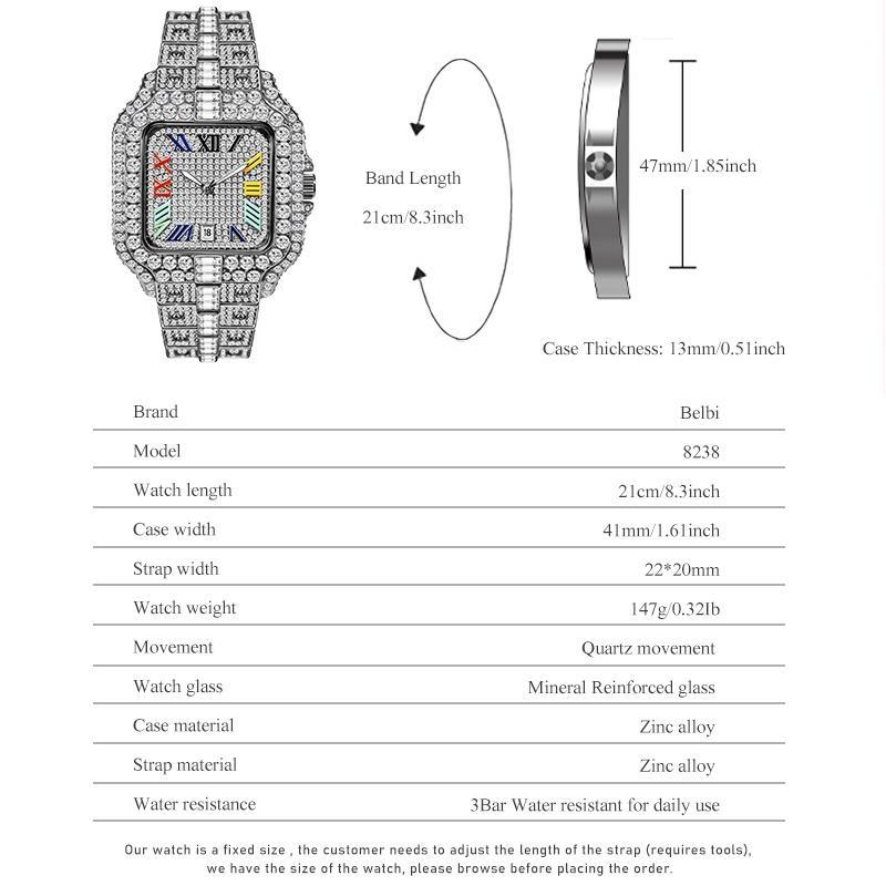 Mens Iced Out Watch Square Full Diamond Quartz Wrist Watch with Luminous Hands Date Waterproof Hip Hop Style