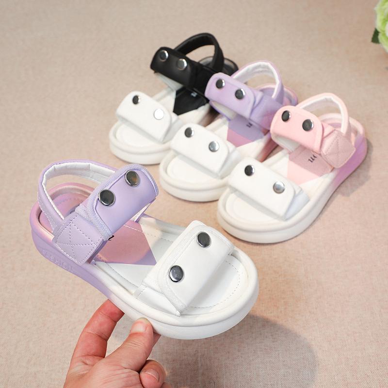 Girls Summer Beach Shoes Big Kids Casual Sport Sandals Children Flats Leather Sandals Simple Color Blocking Anti-Slippery 2024
