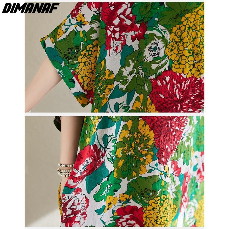 DIMANAF 2024 Übergröße Sommer Langes Kleid Strand Damen V-Ausschnitt Blumendruck Urlaub Lässig Weiche Baumwolle Lockere Maxikleider
