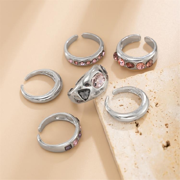 Pack of 6 Adjustable Stackable Rings Featuring Pink Gemstones for Comfort Fit and Multiple Fashion Combinations