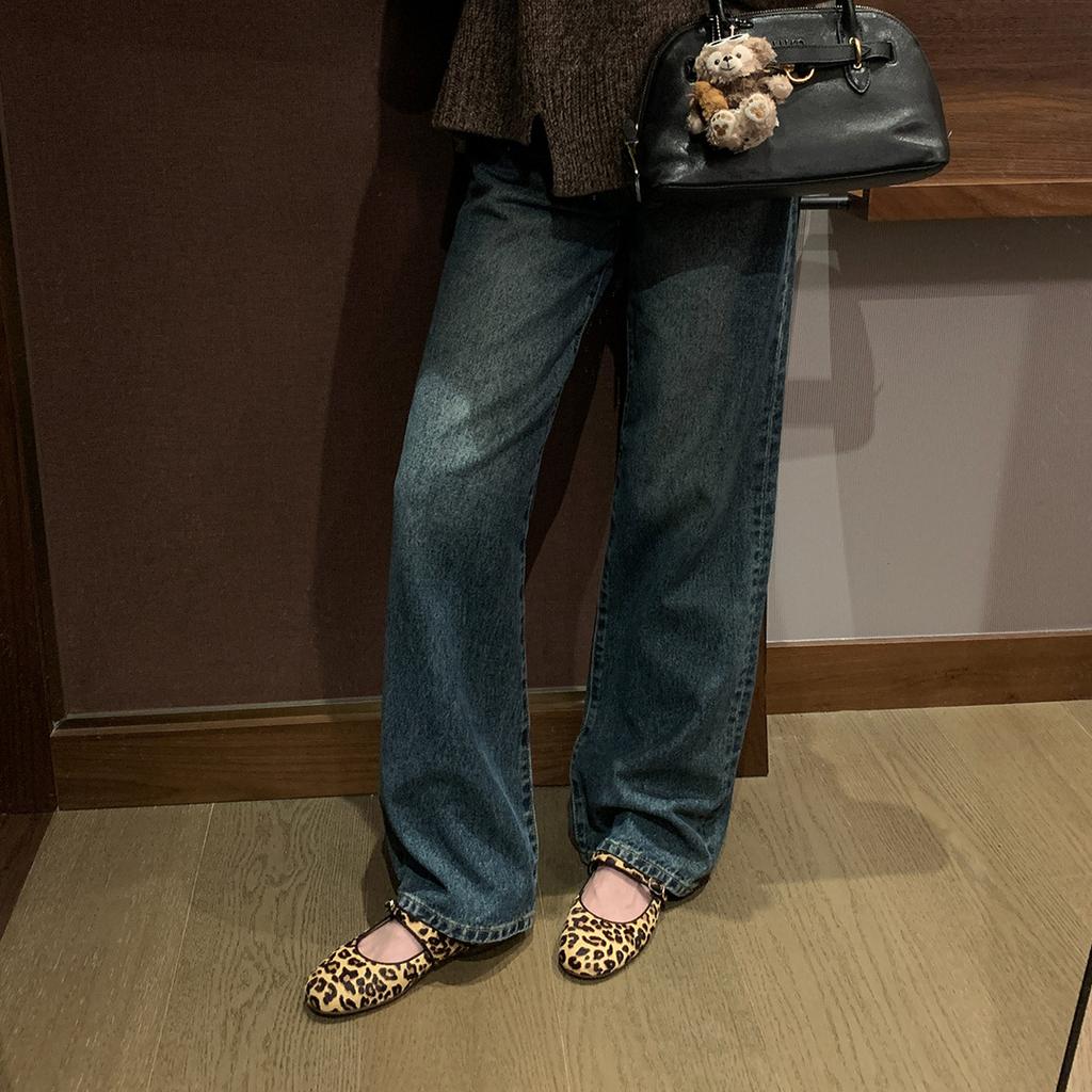 Sheepskin version~ Grape mother, the same style, leopard print, one-word belt, flat Mary Jane single shoes, women's grandma shoes, genuine leather b