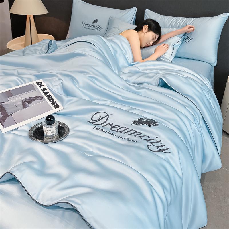 Class A Ice Silk Summer Quilt Set - Cooling, Water Washable, Embroidered, Air Conditioning Friendly, Thin Quilt for Naked Sleep