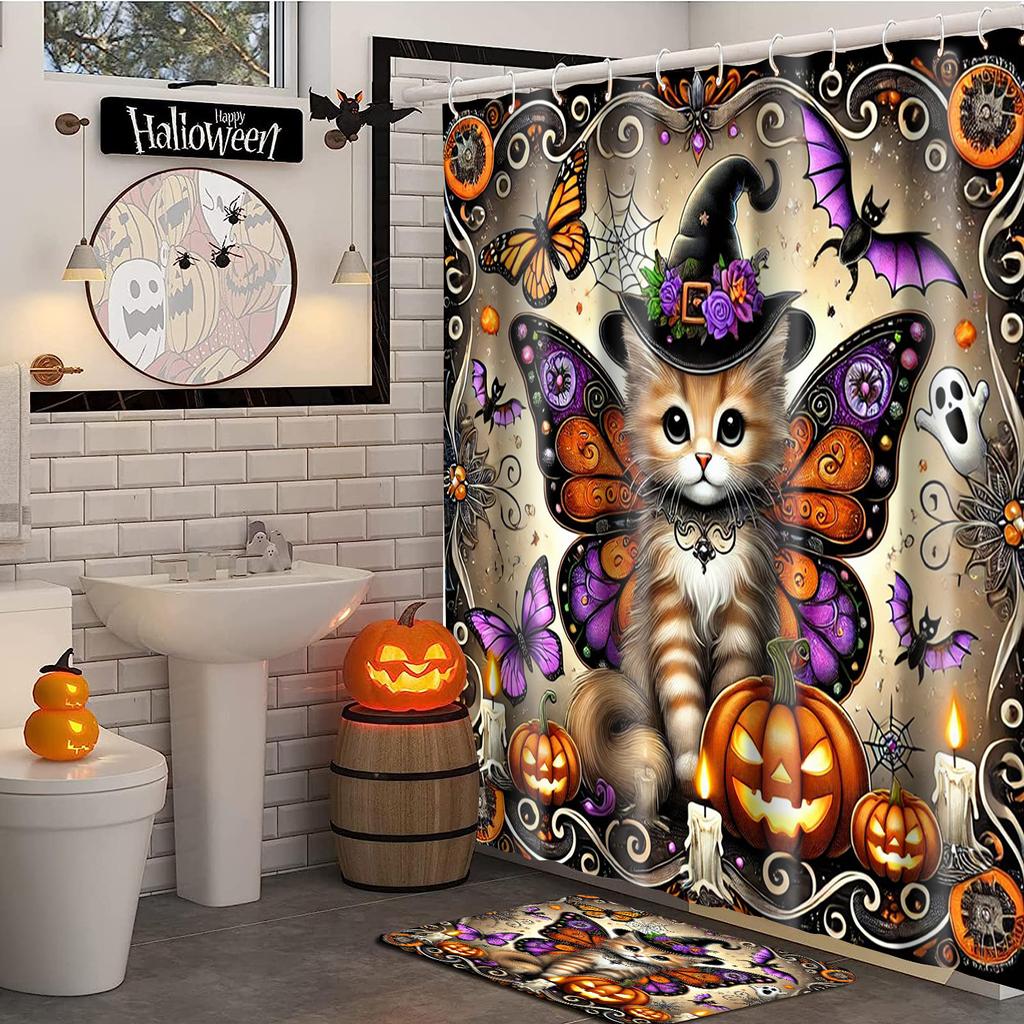 Hallowmas Bat Butterfly Spider Web Bathing Curtain Bathroom Shower Curtain Waterproof With 12 Hooks Fishes Home Deco Free Ship