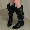 2025 Retro Design Pleated Pointed Toe Buckle Strap Women Knee-High Boots Low Heels Shoes Autumn Long Botas De Mujer