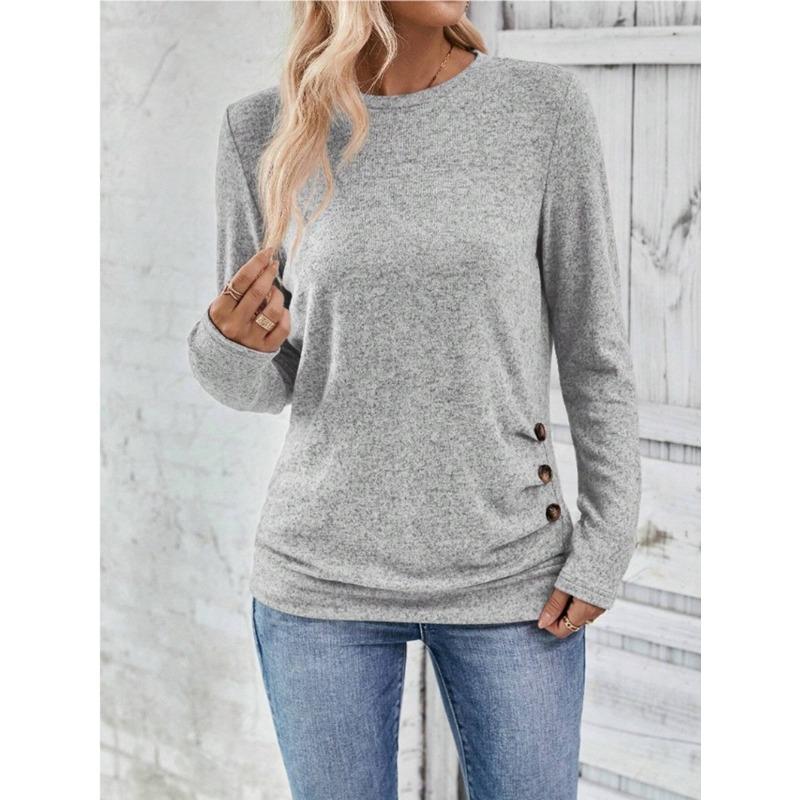 Summer Solid Color Long Sleeved Round Neck Hollowed Out Casual Shirt for Women Pullovers & Long Sleeves