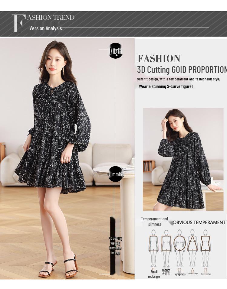 Plus Size Women's Floral Chiffon Dress: Salt-Sweet Autumn Style with Long Sleeves