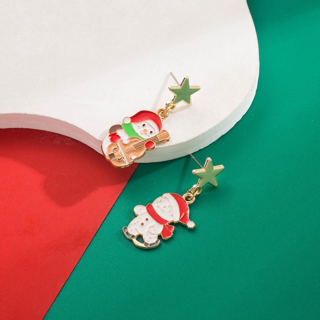 Christmas Holiday Personalized Earrings Simple Reindeer Snowman Christmas Tree Asymmetric Stud Alloy Oil Drop Earrings