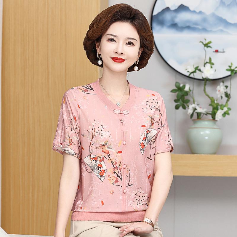 

Chinese Style Ice Silk T-shirt for Middle-aged Women: Short-Sleeved, Summer Shirt 5XL (Recommended 150-165 jin) рожевий