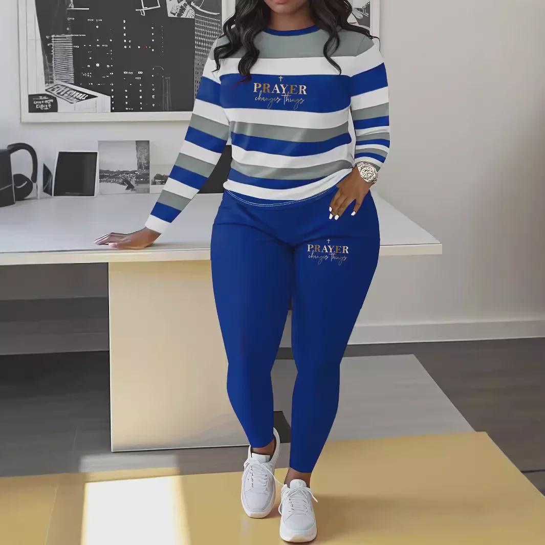 

Striped Letter Print Fashion Casual Women s Suit - TWTZ06