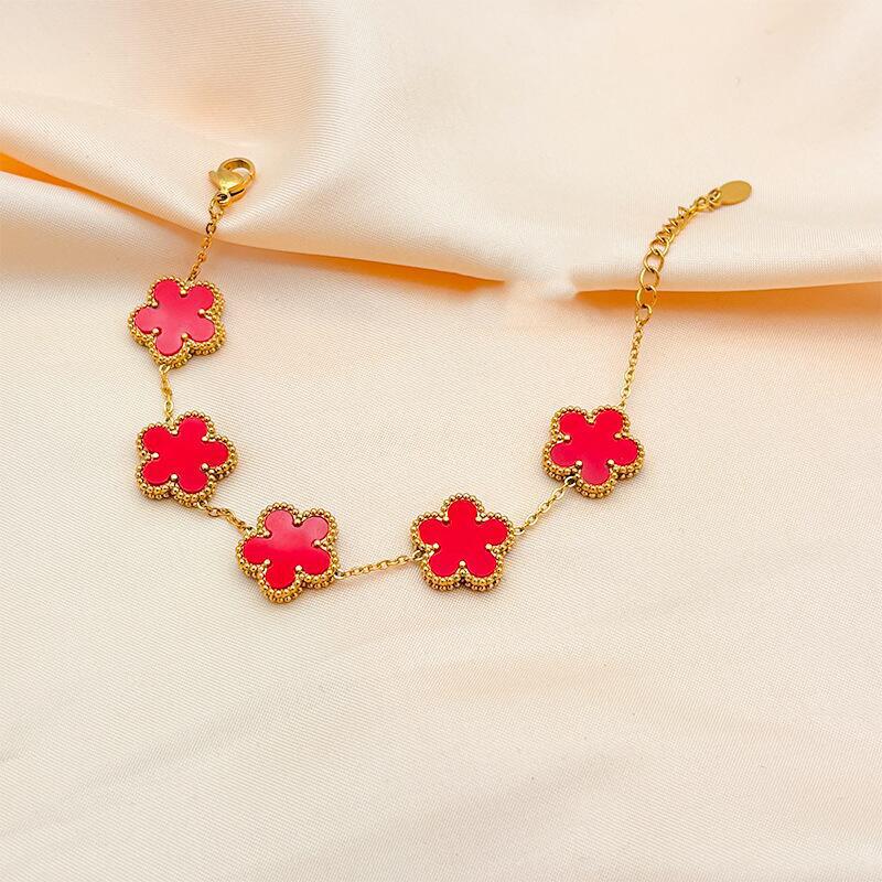 Lucky Five-Leaf Clover Beaded Bracelet for Women Classic Fashion Minimalist Gold Plated Stainless Steel Jewelry