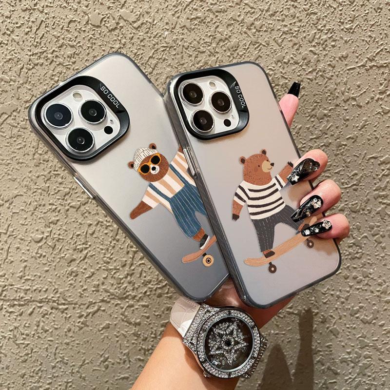 Cartoon Cool Skateboard Bear Laser Phone Case for IPhone 17 14 15 16 Pro Max Plus 12 13 Mini 11 Pro Max 17 Air Shockproof Covers
