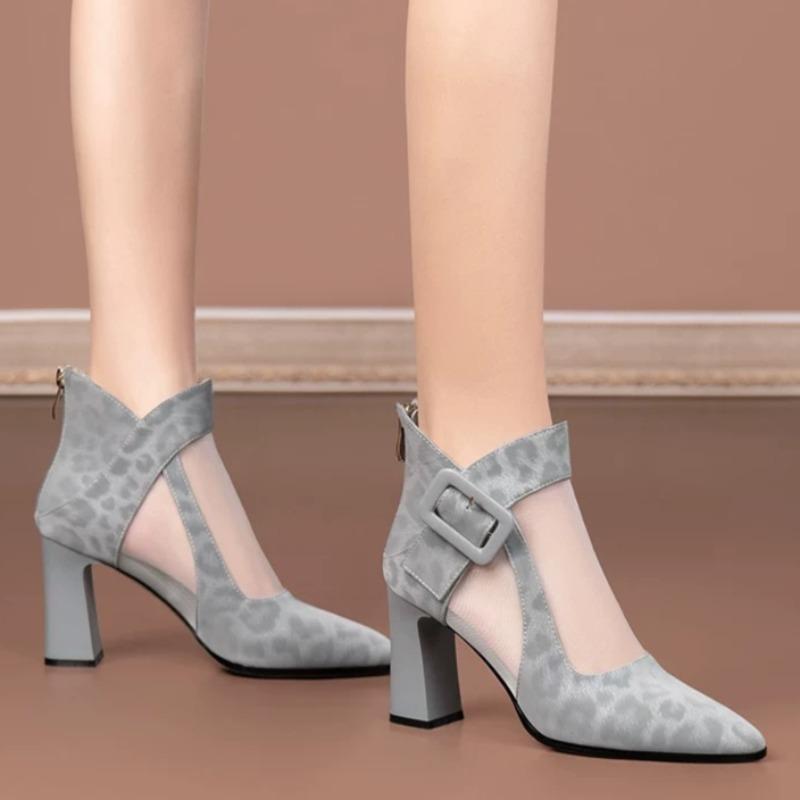 Fashion Square Heel Cool Boots Summer New Pointy Splicing Mesh Fabric Back Zipper Anti-slip Wear-resistant Short High Heels