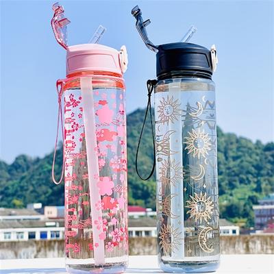 800ML Creatieve Trendy Bedrukte Ruimtebeker met een Draagband, Opklapbaar Deksel, Plastic Ontwerp, Stijlvolle Rietjes Waterfles, En Handige Beker.