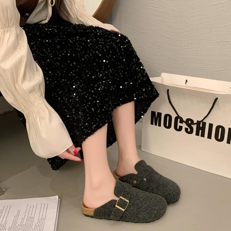 Fashion Women Slippers Mules Fur Shoes Winter Buckle Flat Platform Walking Plush Ladies Slippers Casual Shoes Warm Indoor Slides Women
