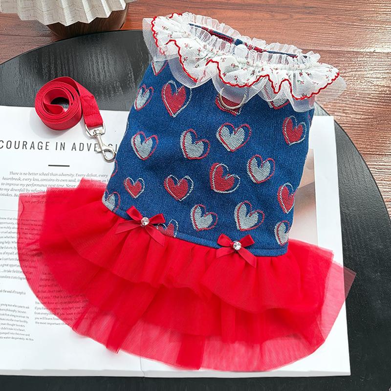 Spring and Summer Denim Cherry Backed Dress Dog Dress Pet Clothes Cat and Dog Accessories