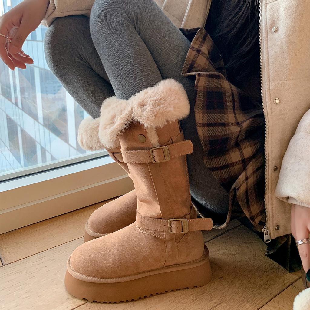 The Same Buckle Belt Thick-soled Plush Flanged Warm Cotton Shoes 2025 New Medium and Long Snow Boots Women's Winter Models