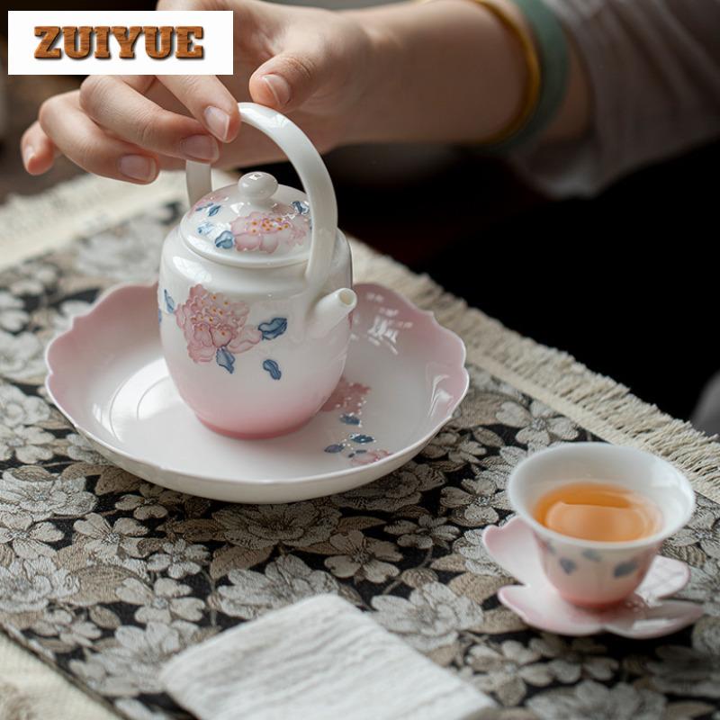 130ml Hand-painted Peony Lifting Beam Teapot Elegant Tea Infuser Pot Tea Brewing Kettle With Filter Tableware Decoration Craft