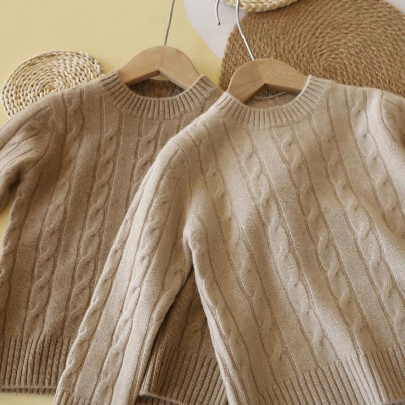 Unisex Children's Wool Sweater, Autumn/Winter 2025 - Solid Color Cable Knit Pullover with Round Neck