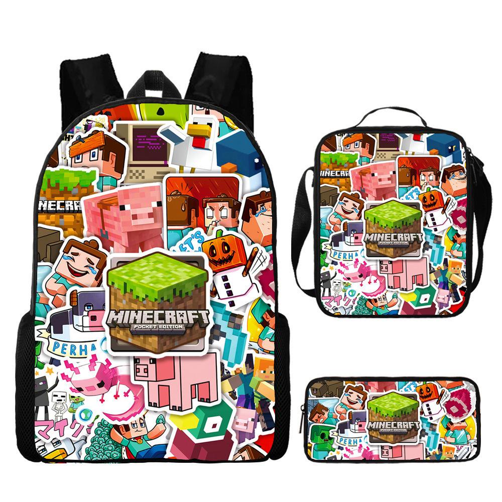 Minecraft Cartoon Print Backpack Set 3-Piece Student School Bag Water-Resistant Large Capacity Unisex