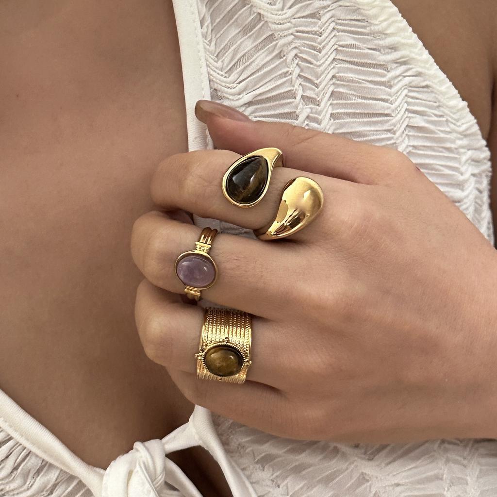 Retro Gold Color Irregular Metal Ring for Women Men Stainless Steel Natural Tiger Eye Opening Ring Aesthetic Dating Jewelry