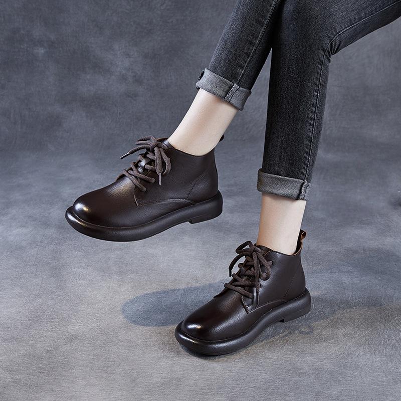 Autumn and Winter New Leather Single Boots Women's Casual 100 Retro Short Boots Soft Bottom Flat Bottom Boots Lace Up First Layer Cowhide