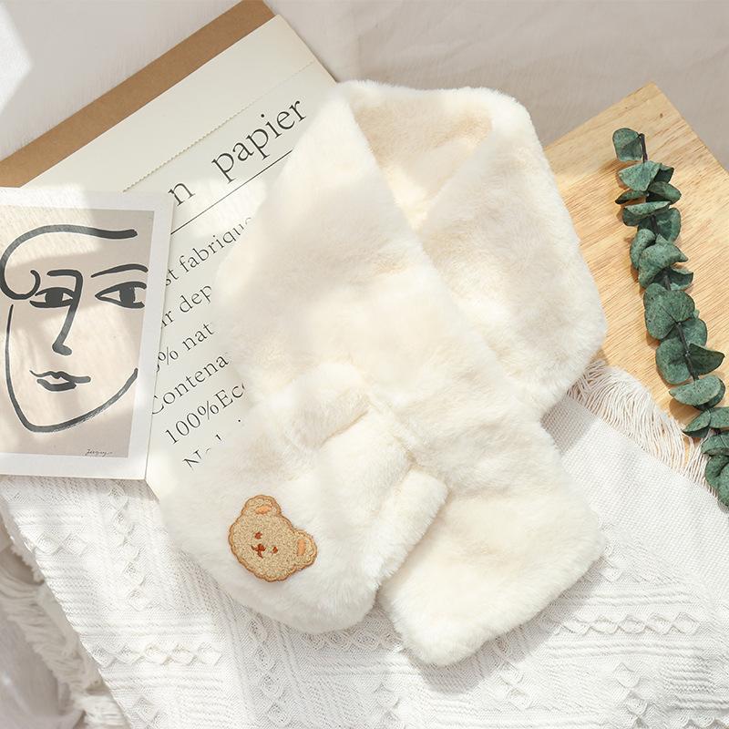 Cute Bear Baby Scarf Boys Girls Winter Warm Scarves Imitation Rabbit Fur Neck Protector Soft Plush Cross Scarf Kids Accessories