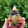 HIGHAWK Orgonite Pyramid with Chakra, Natural Stones, Gold Leaf, Energy, Seven Crystal Stones, Healing, Meditation, and Power Stones (8cm)