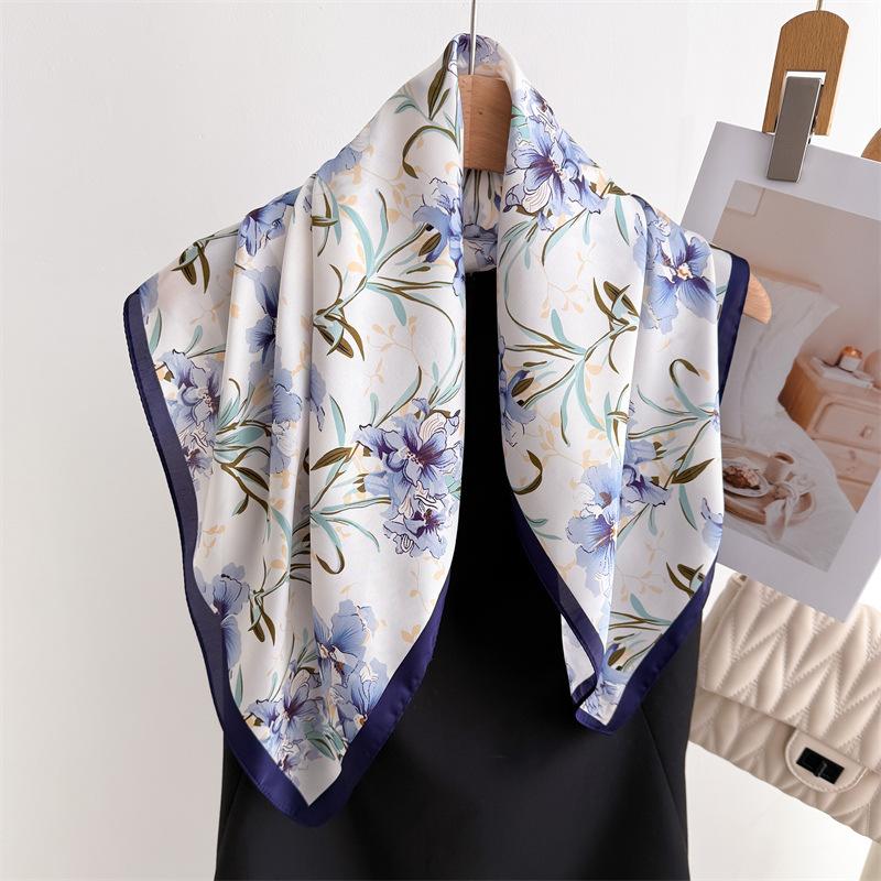 

Корейская версия шелкового платка с красочным цветочным принтом, квадратный платок, шаль высокого класса, универсальный шейный платок, маленький квадратный платок, косынка unilateral 66-70CM