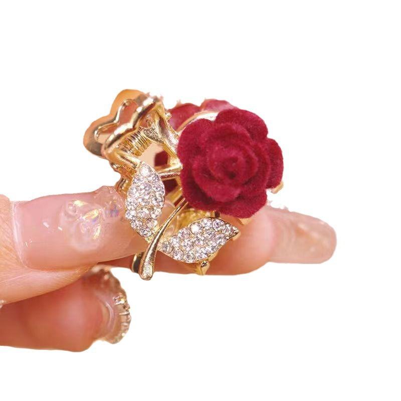 1PC Exquisite Romantic Rose Flocking New Year's Small Grab Clip Super Fairy Hair Claw Bangs Clip Premium Mini Hair Grab