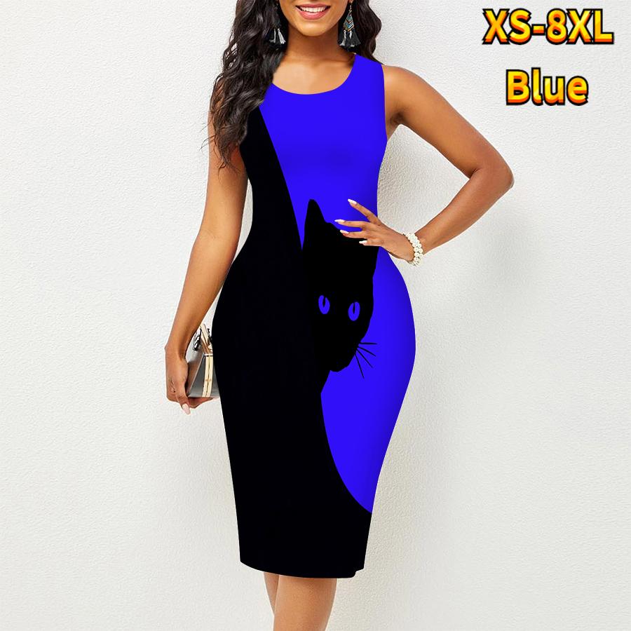 Damen Kleid Sling Sommerschwarz Katzendruck Kleider Eng Ärmellos Slim Fit Sexy Fashion Top Kleidung