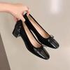 French Elegant Mary Jane Shoes Women's New Bow Leather Medium Thick Heel Silver Single Shoes