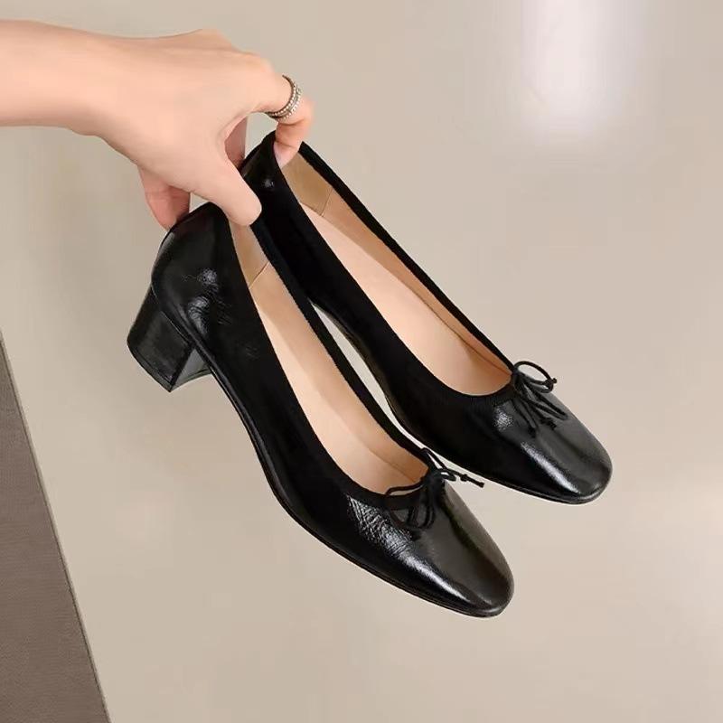 French Elegant Mary Jane Shoes Women's New Bow Leather Medium Thick Heel Silver Single Shoes